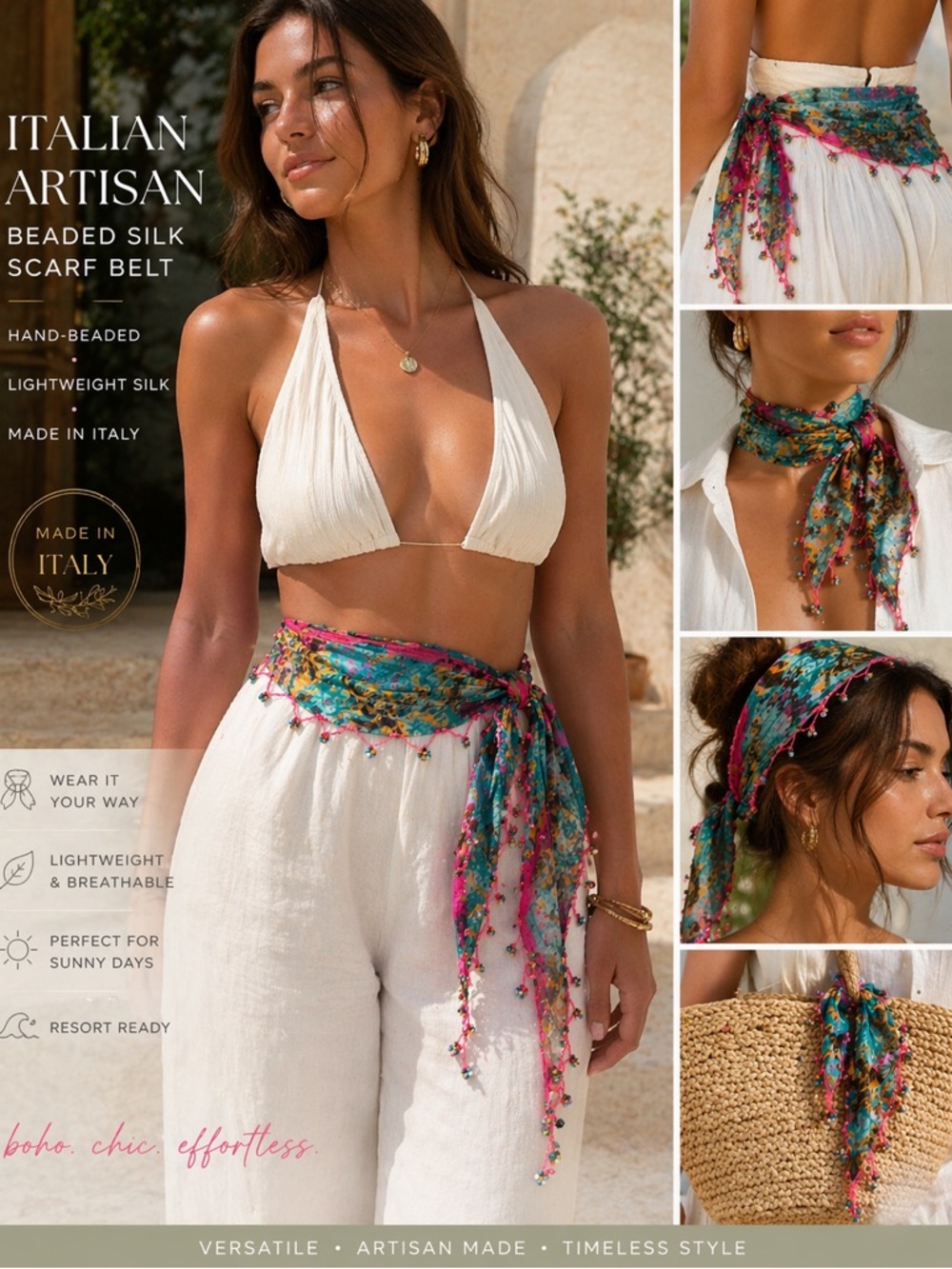 Italian Artisan Beaded Silk Scarf Belt Boho Festival Wrap Positano Style